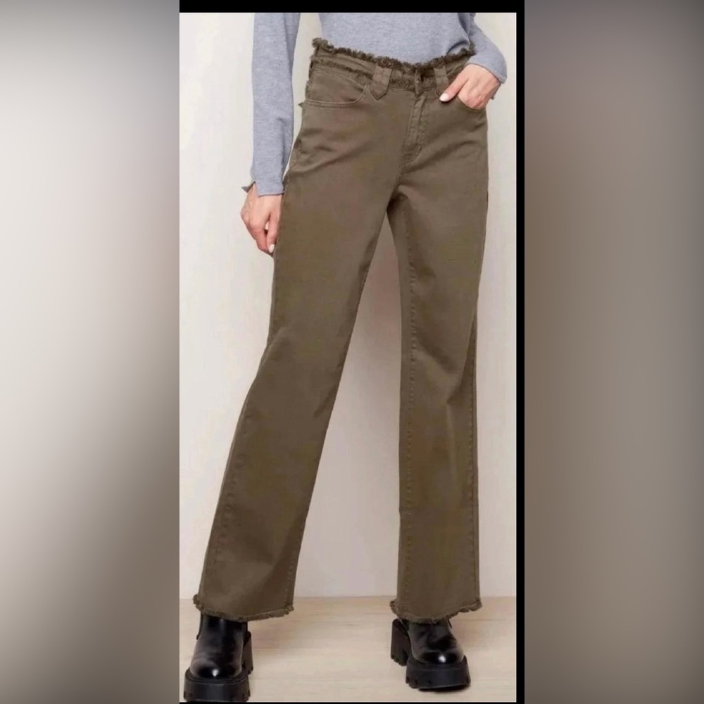 Charlie B Fringed Waistband Flare Pants Pine Stretch Twill Women’s size 14 New